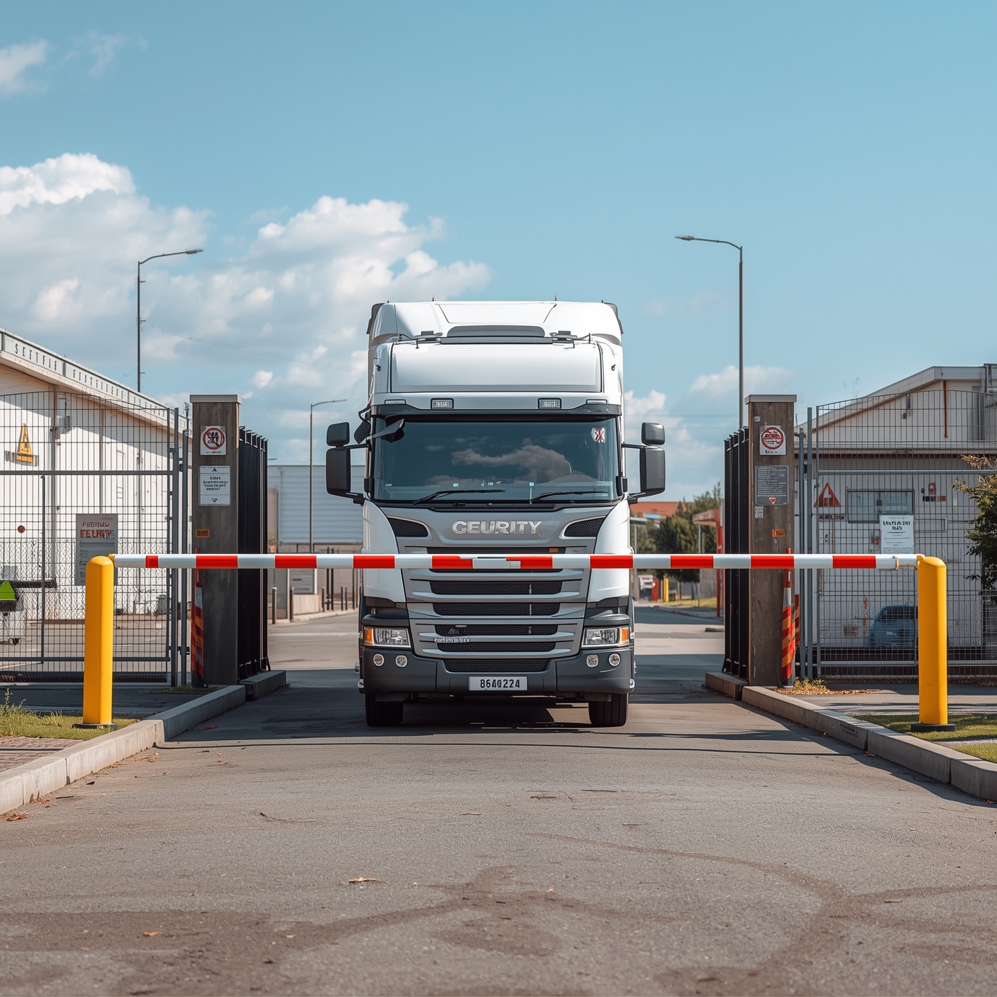 Lucid_Origin_A_large_truck_waiting_in_front_of_a_barrier_gate__2 LKW steht an Schranke und wartet auf Toröffnung durch die Identifizierung mit hse-GATE