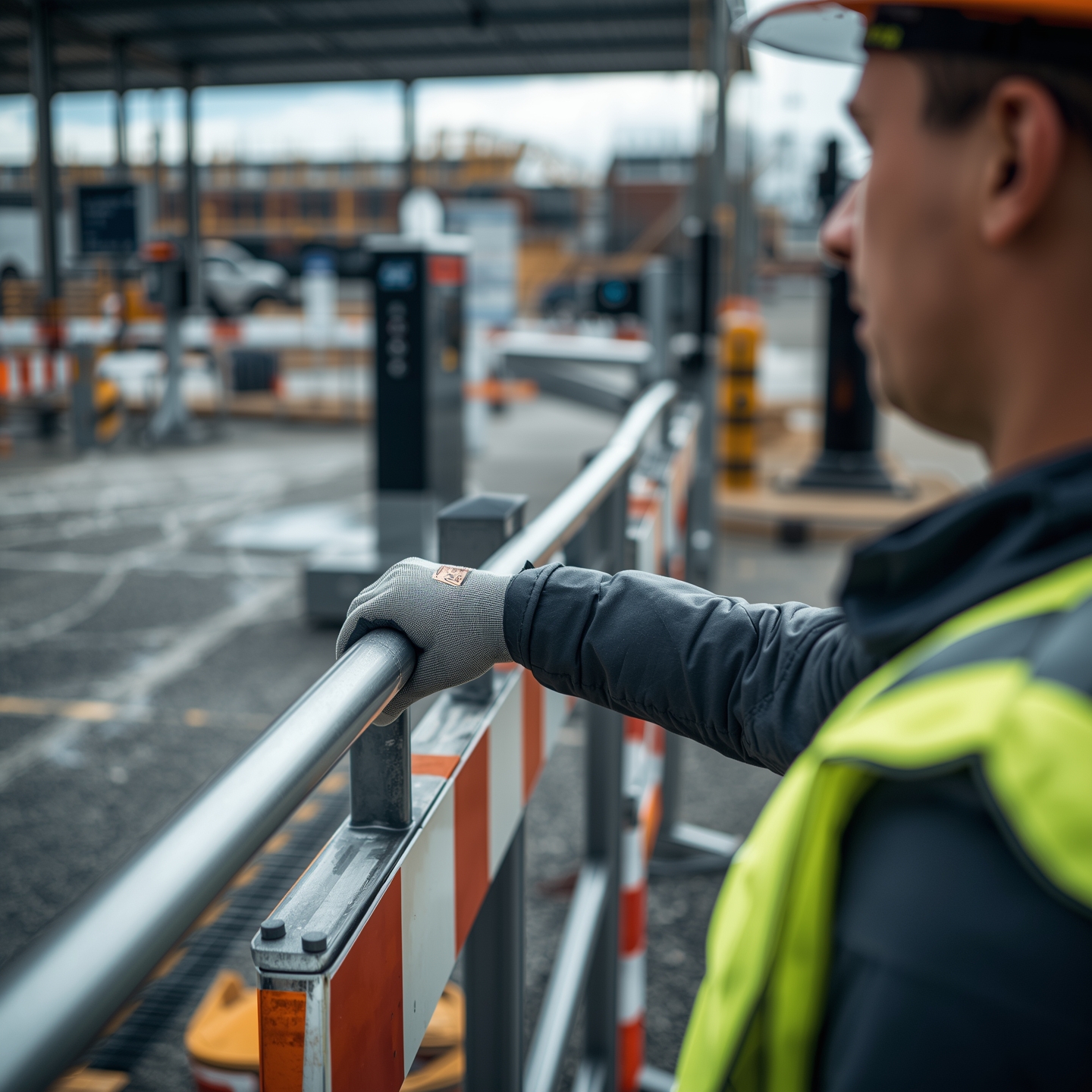 Lucid_Origin_close_up_hA_professional_truck_driver_in_front_of_3 Mann steht an Schranke und benutzt die Software hse-GATE um durch das Tor zu kommen.