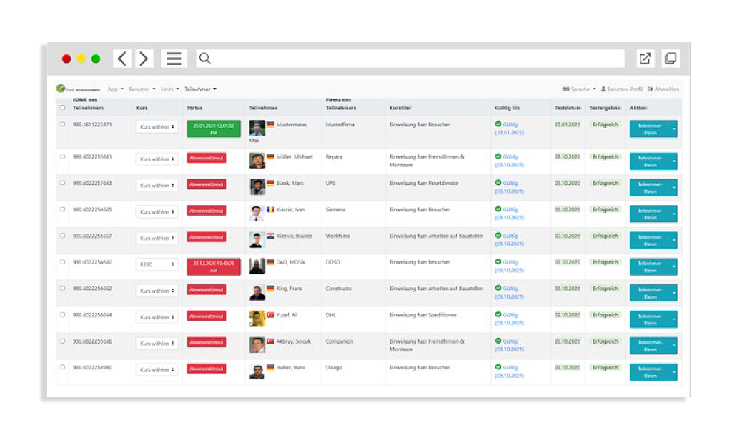 User interface Darstellung von der software hse-manager