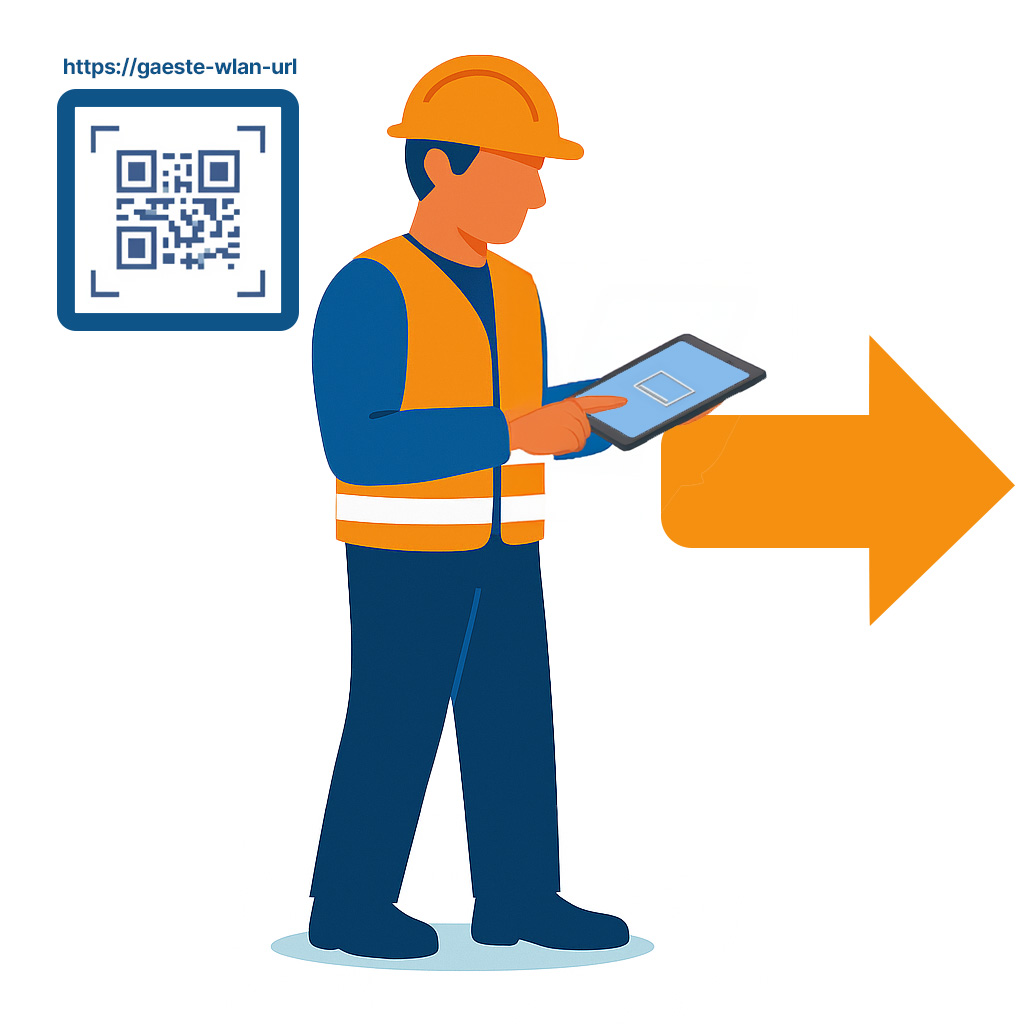erklaegrafiken-usercase-fremdfirmenmitarbeiter-am-tablet-qr-code Infografik. Arbeiter macht Unterweisung am Tablet mit gäste w-lan