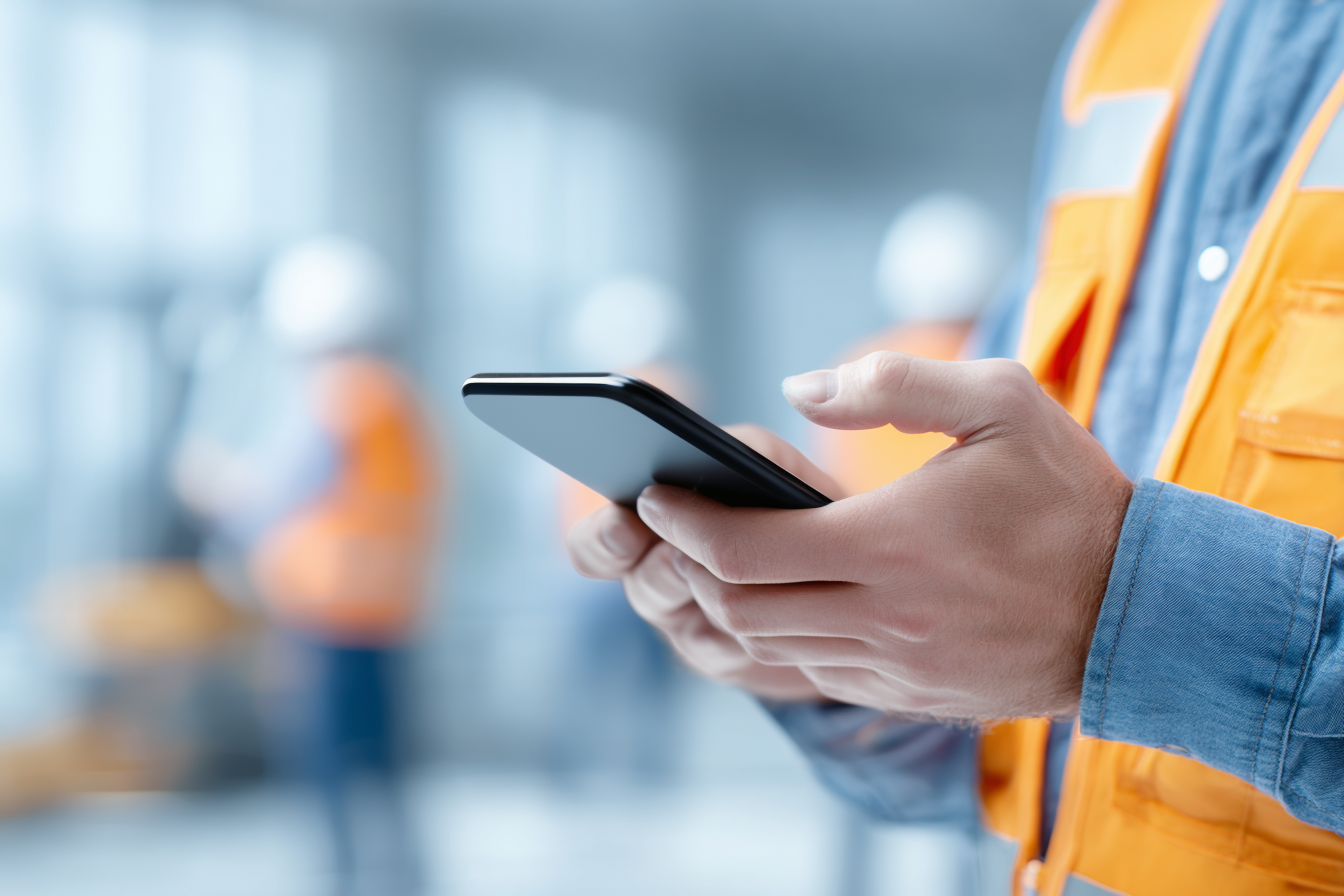 impulsmedia_httpss.mj.runF9rz4XOYEis_httpss.mj.runPKk1OK83GP4_74380732-0588-4a08-a240-9af1b3596a67_1 Arbeiter der eine Unterweisung zum Arbeitsschutz am Handy macht.