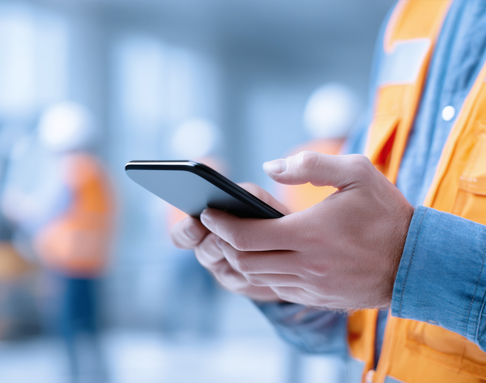 Arbeiter der eine Unterweisung vor Ort via Gäste-WLAN am Handy macht.