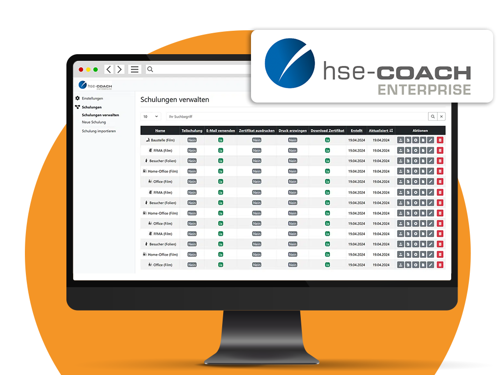 hse-COACH ENTERPRISE Browserbasierte Erweiterung für die standortübergreifende Organisation und zentrale Steuerung von Unterweisungen aus hse-COACH – mit Rollen- und Rechteverwaltung, Content-Steuerung und Monitoring.